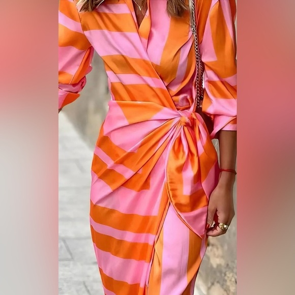 OLIVIA Women’s PRINTED Wrap SHIRT DRESS Lavender Fuchsia Medium NWOT - Picture 2 of 15